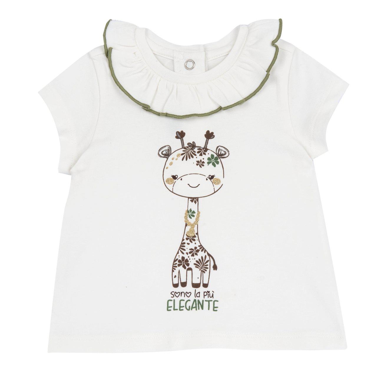 Maglietta a maniche corte bianca per bambina Chicco con stampa di giraffa glitterata e collo a corolla, realizzata in morbido jersey elasticizzato. | Chicco
