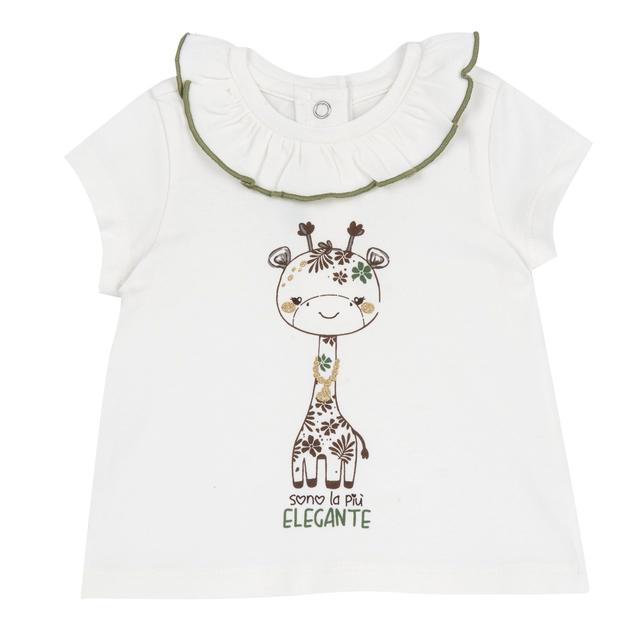 Maglietta a maniche corte bianca per bambina Chicco con stampa di giraffa glitterata e collo a corolla, realizzata in morbido jersey elasticizzato. | Chicco