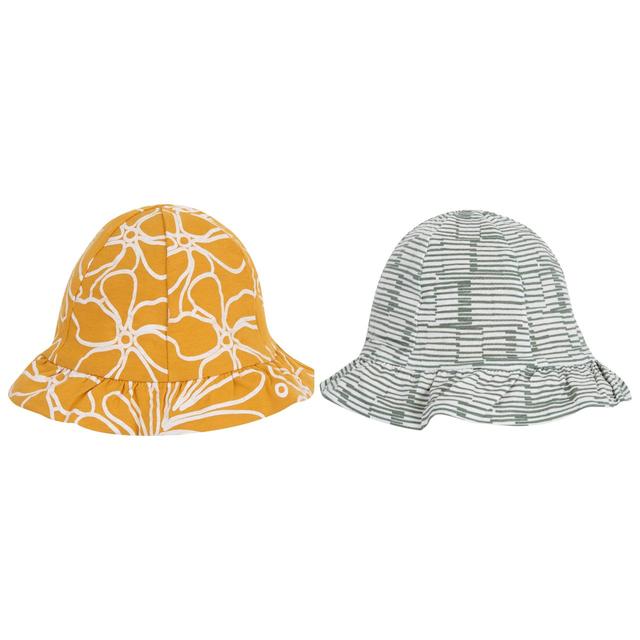 Cappello reversibile giallo per bambina Chicco in jersey di cotone sostenibile con stampa macrofiori e righe irregolari, inserto elastico sul retro. | Chicco
