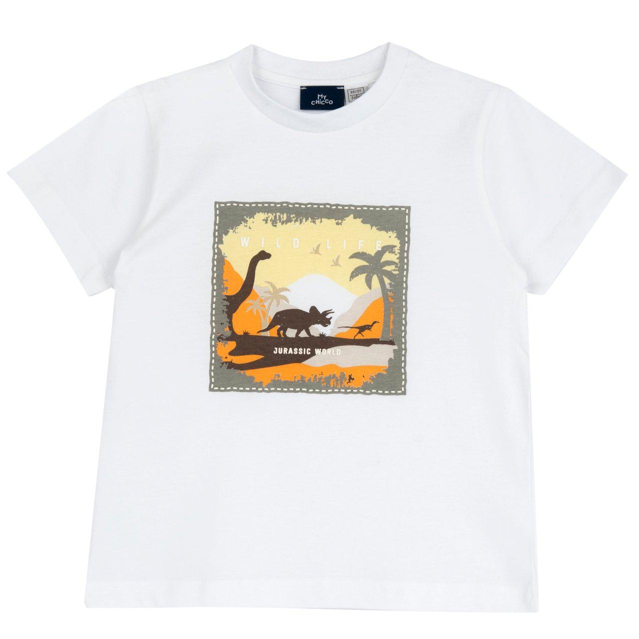 Maglietta a manica corta bianca per bambino con stampa dinosauro effetto fotografico, in cotone sostenibile Oeko-Tex. | Chicco