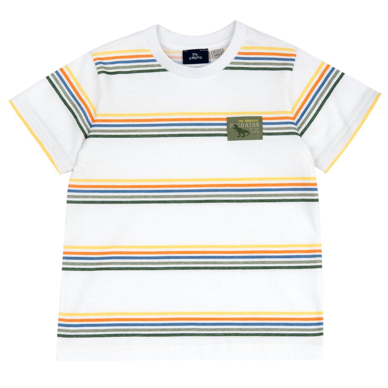 Maglietta a manica corta rigata multicolore per bambino Chicco in cotone sostenibile, ideale per primavera/estate. | Chicco