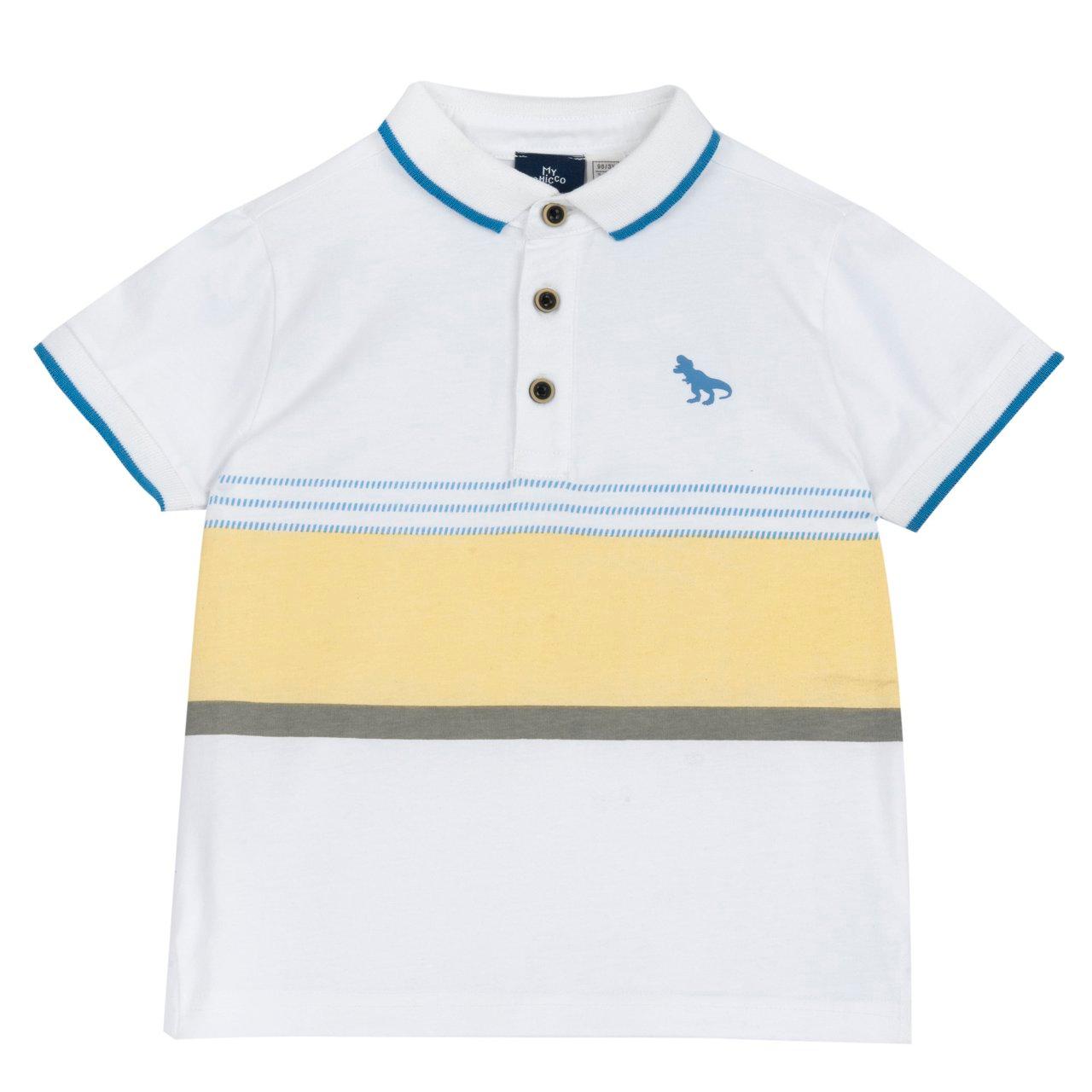 Polo a manica corta bianca per bambino Chicco con vivace dinosauro in rilievo e righe stampate, realizzata in cotone sostenibile. | Chicco