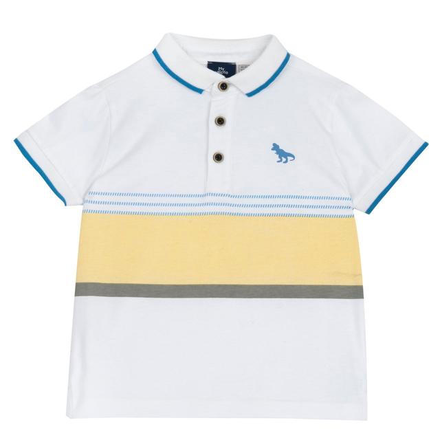Polo a manica corta bianca per bambino Chicco con vivace dinosauro in rilievo e righe stampate, realizzata in cotone sostenibile. | Chicco