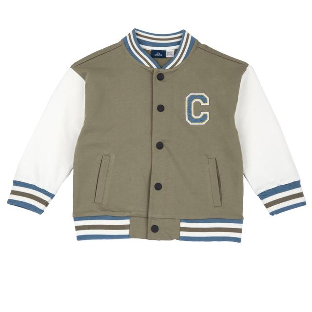 Cardigan modello varsity verde in felpa di cotone sostenibile per bambino Chicco, con bottoni automatici, coste rigate e badge in spugna sul petto. | Chicco