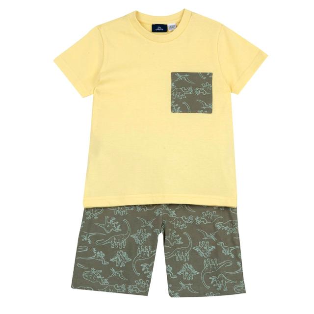 Completo estivo Chicco giallo con maglietta a maniche corte e pantaloni corti fantasia dinosauro in cotone sostenibile. | Chicco