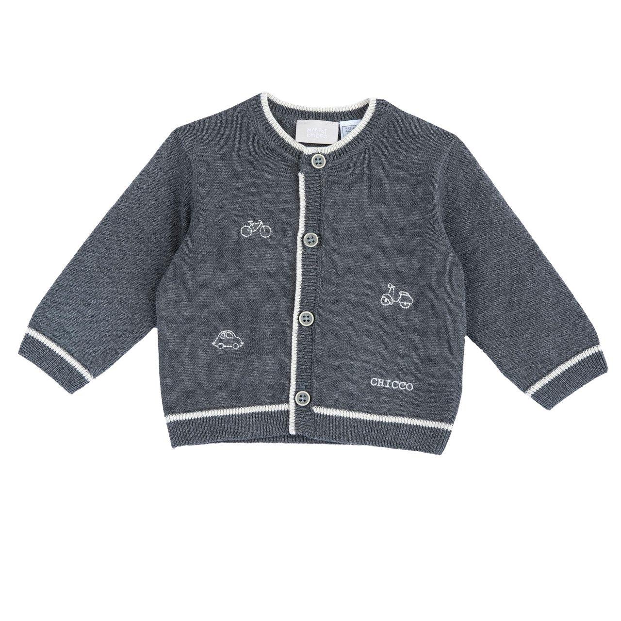 Cardigan girocollo in maglia di cotone mélange grigio mélange con righe bianche a contrasto sui bordi e bottoni bicolore per bambino Chicco. | Chicco