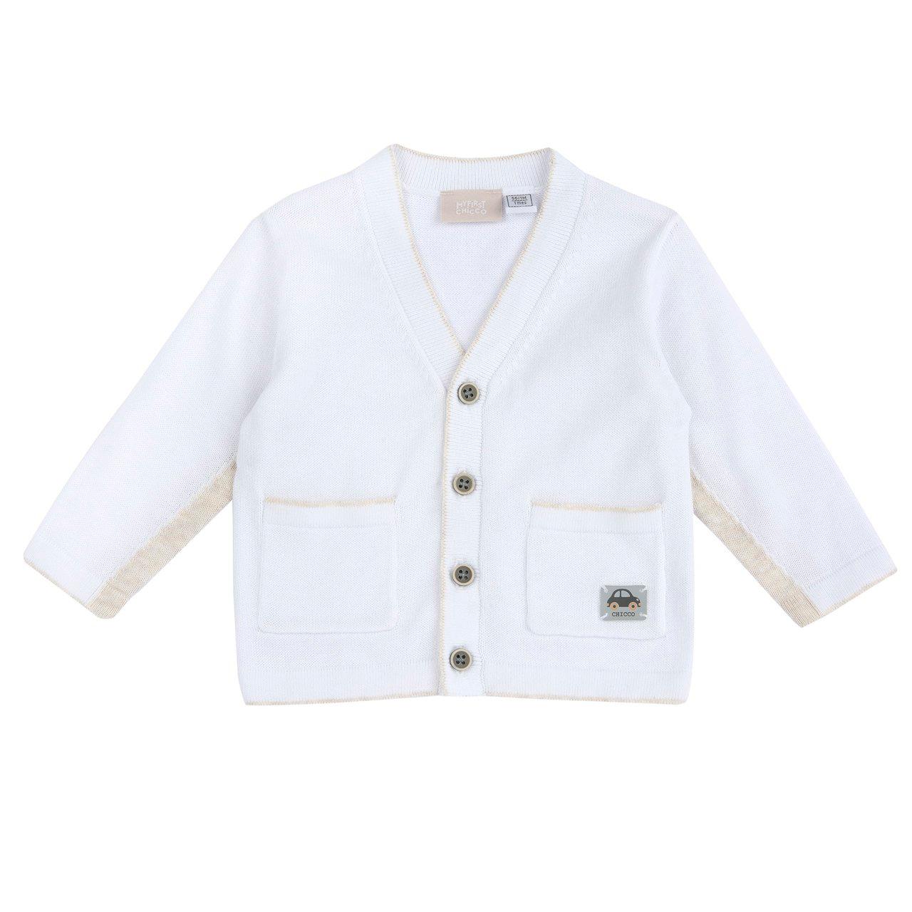 Cardigan in maglia di cotone bianco per bambino Chicco con dettagli a contrasto beige mélange, bottoni bicolore e tasche frontali. | Chicco