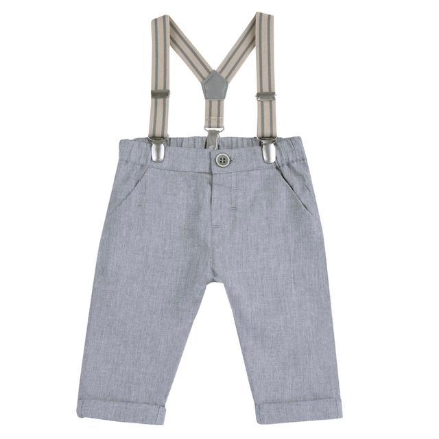 Pantaloni lunghi grigi in twill di cotone-lino per bambino Chicco con bretelle elastiche regolabili e rimovibili, cintura elasticizzata e risvolti al fondo. | Chicco