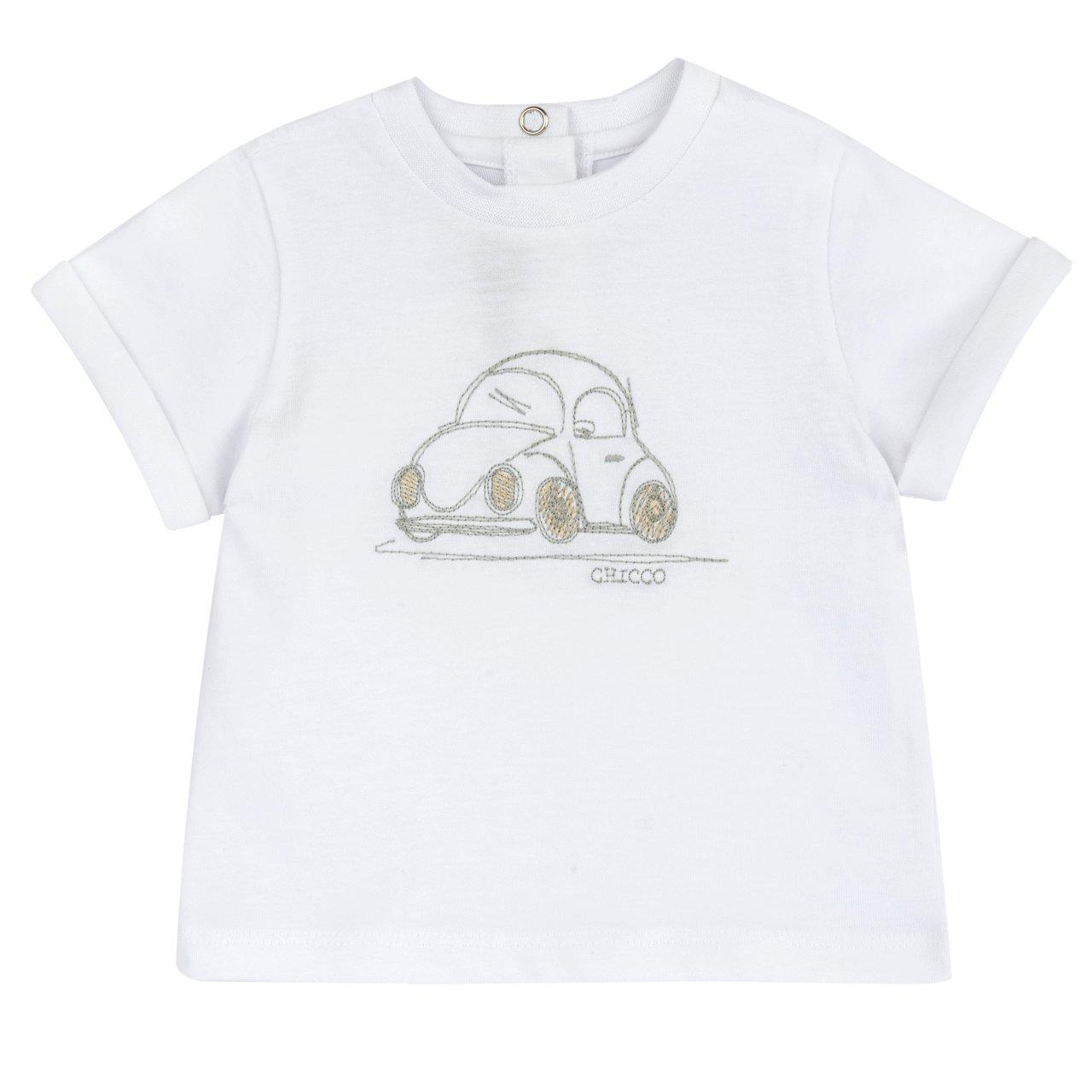 Maglietta a manica corta bianca per bambino Chicco in morbido jersey di cotone sostenibile, con ricamo di una macchinina. | Chicco