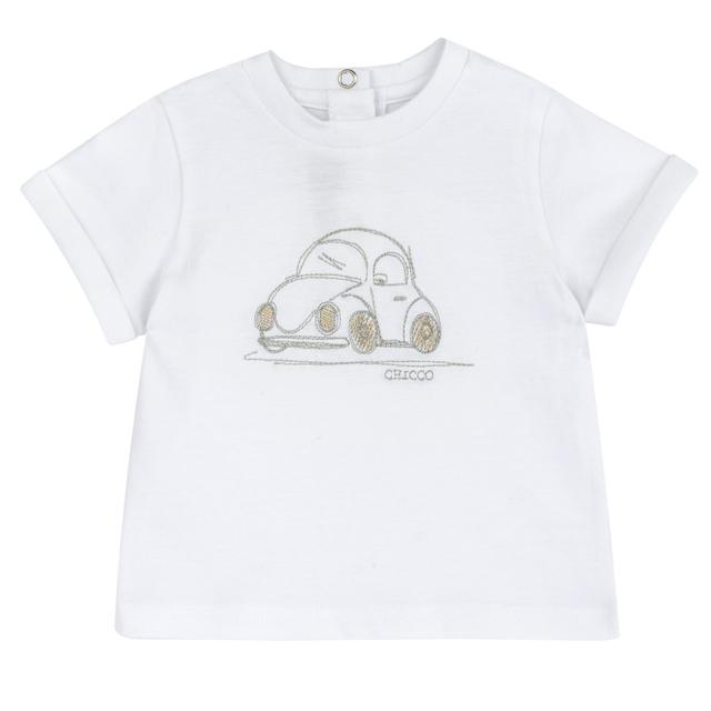 Maglietta a manica corta bianca per bambino Chicco in morbido jersey di cotone sostenibile, con ricamo di una macchinina. | Chicco