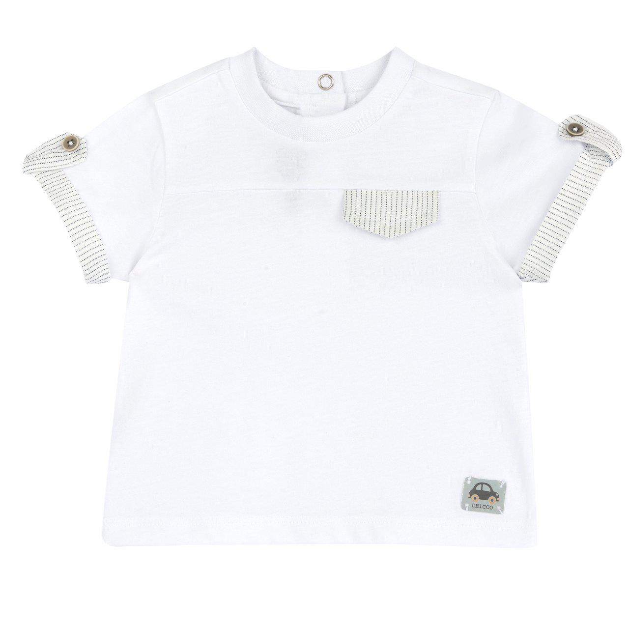 Maglietta manica corta bianca per bambino Chicco in morbido cotone sostenibile Oeko-Tex, con collo elasticizzato e dettagli a righe. | Chicco