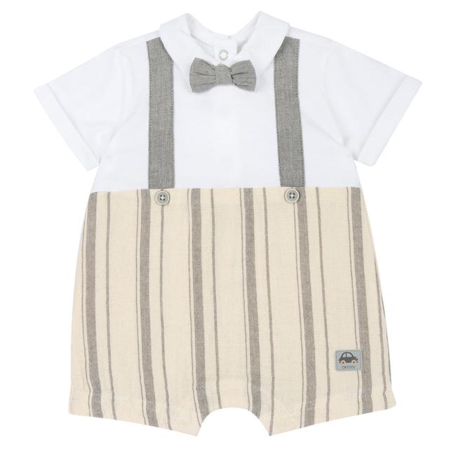 Pagliaccetto corto bianco per neonato Chicco con papillon e bretelle applicate, in morbido jersey di cotone e lino rigato, certificato Oeko-Tex. | Chicco