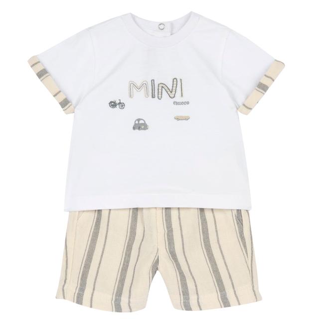 Completo Chicco per bambino con maglietta manica corta bianca in jersey di cotone con ricamo e pantaloni corti rigati effetto lino con vita elasticizzata. | Chicco