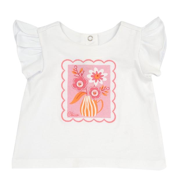 Maglietta bianca a maniche corte per bambina con stampa floreale e ricamo effetto francobollo, parte della collezione Chicco. | Chicco