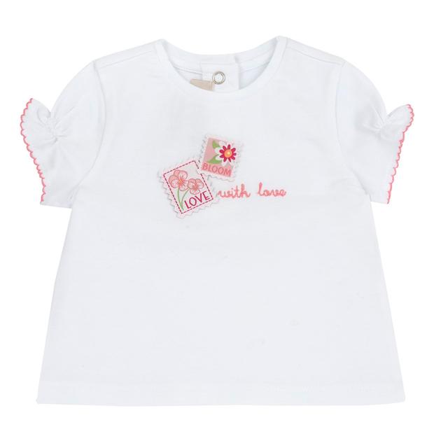 Maglietta bianca a maniche corte con ricami e etichette jacquard per bambina, in jersey elasticizzato con maniche a palloncino. | Chicco