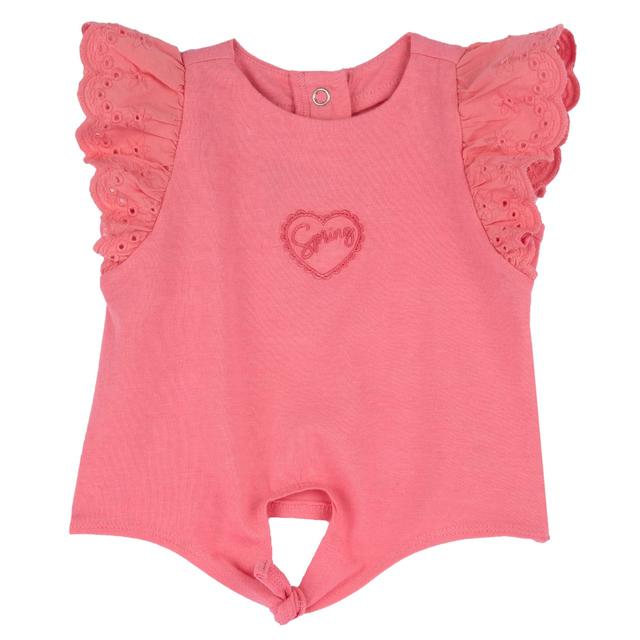 Maglietta manica corta rosa Chicco per bambina in jersey elasticizzato con maniche ad aletta in cotone Sangallo, ricamo a cuore e scritta frontale. | Chicco