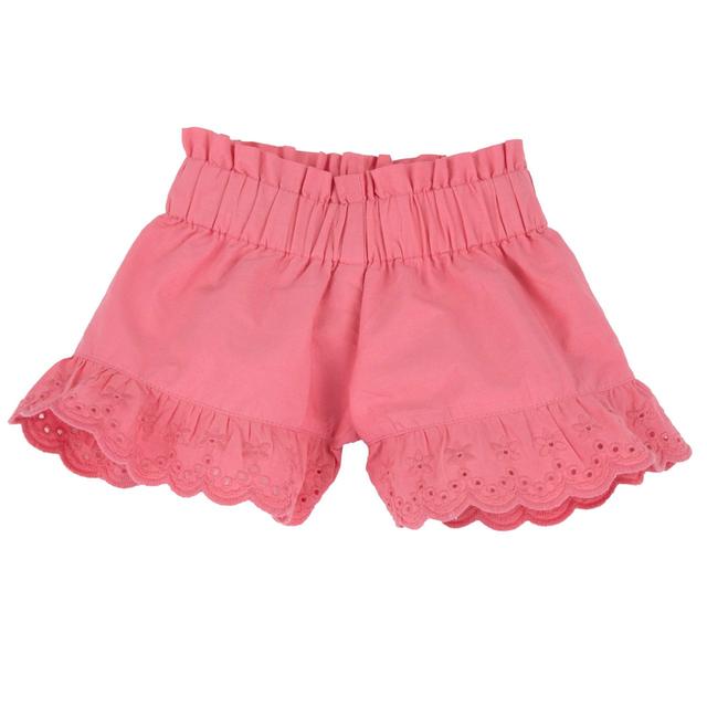 Pantaloni corti rosa da bambina Chicco in cotone sostenibile con inserti in Sangallo e vita elasticizzata, ideali per la primavera/estate. | Chicco