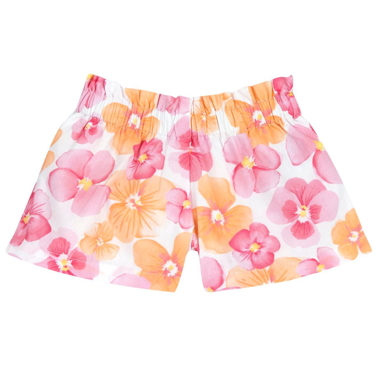 Pantaloni corti bianchi in cotone stampato con fantasia di violette per bambina, parte della collezione Chicco primavera/estate, certificati Oeko-Tex. | Chicco