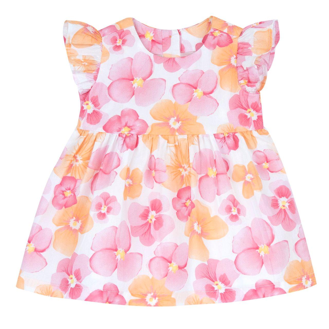 Vestito girocollo Chicco bianco per bambina con maniche ad aletta e fantasia di violette, in cotone sostenibile certificato Oeko-Tex. | Chicco