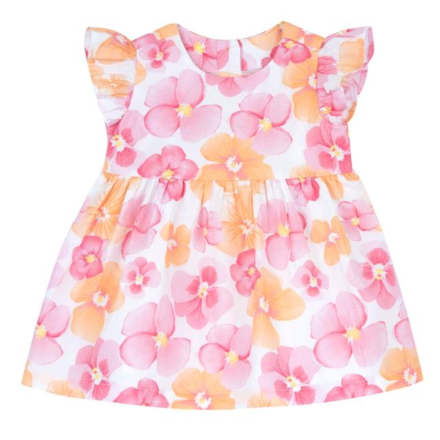 Vestito girocollo Chicco bianco per bambina con maniche ad aletta e fantasia di violette, in cotone sostenibile certificato Oeko-Tex. | Chicco