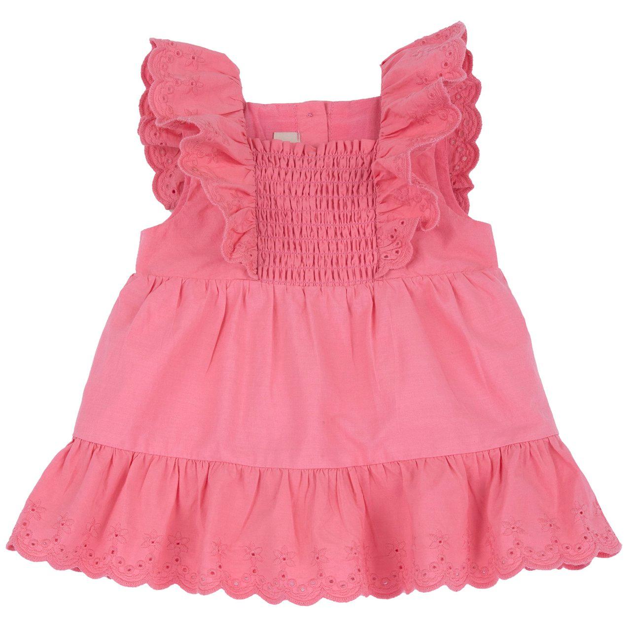Vestito estivo da bambina in cotone bianco con maniche ad aletta in Sangallo, collo squadrato e arricciatura frontale. | Chicco