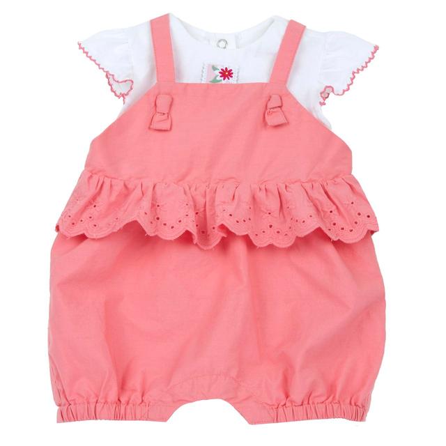Completo Chicco rosa per bambina con maglietta a manica corta e salopette corta in cotone con dettagli Sangallo, ideale per primavera/estate. | Chicco