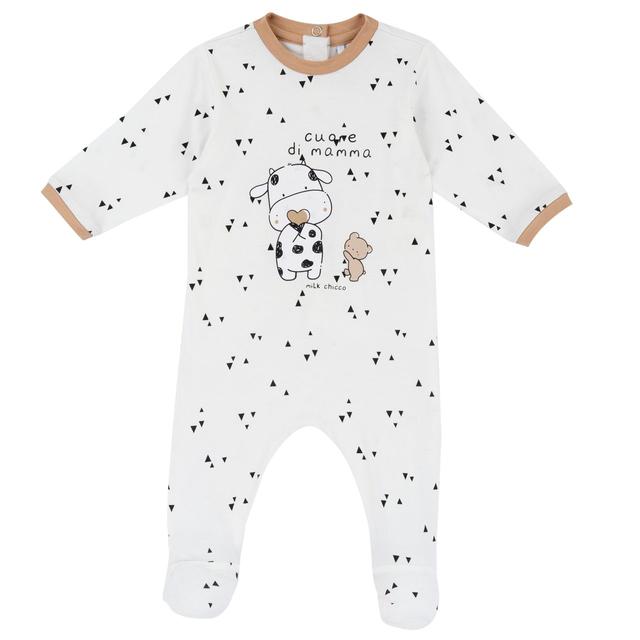 Tutina girocollo unisex Chicco in jersey di cotone elasticizzato sostenibile, bianca con stampa fantasia e apertura sul retro con bottoni automatici. | Chicco