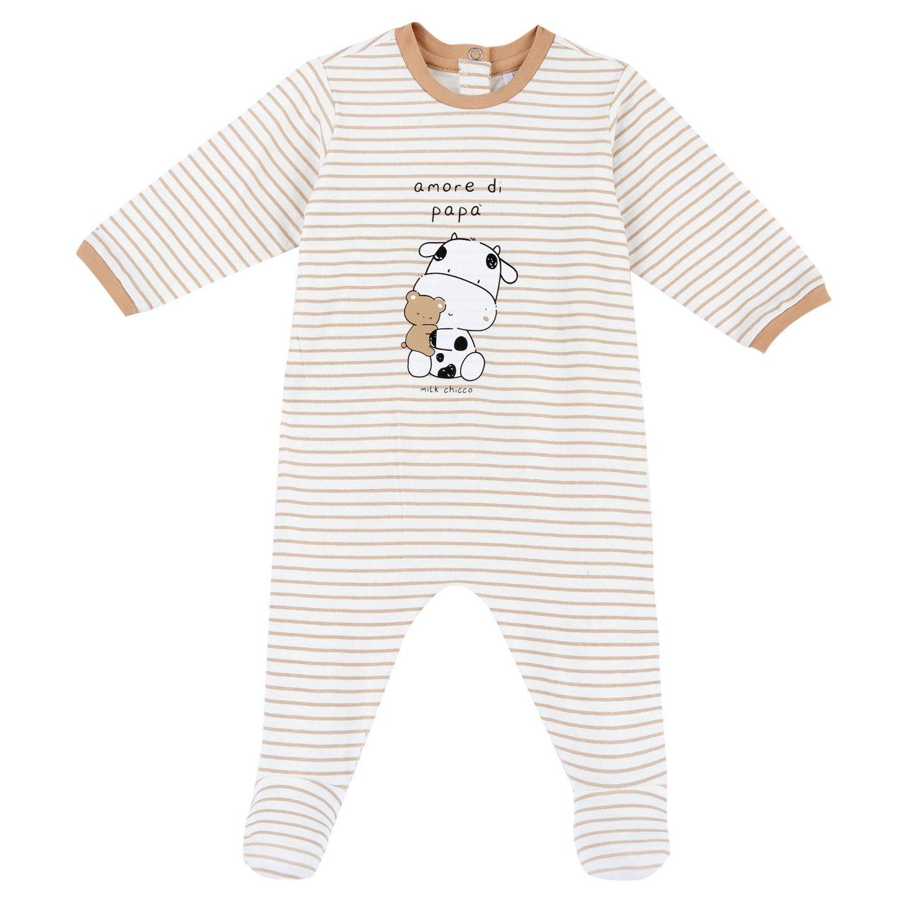 Tutina girocollo unisex Chicco in jersey di cotone elasticizzato sostenibile, bianca con stampa fantasia e apertura sul retro con bottoni automatici. | Chicco