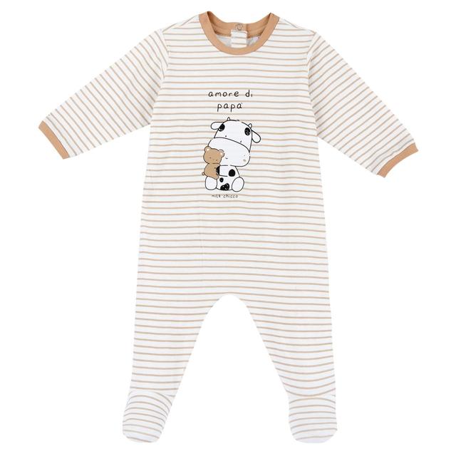 Tutina girocollo unisex Chicco in jersey di cotone elasticizzato sostenibile, bianca con stampa fantasia e apertura sul retro con bottoni automatici. | Chicco