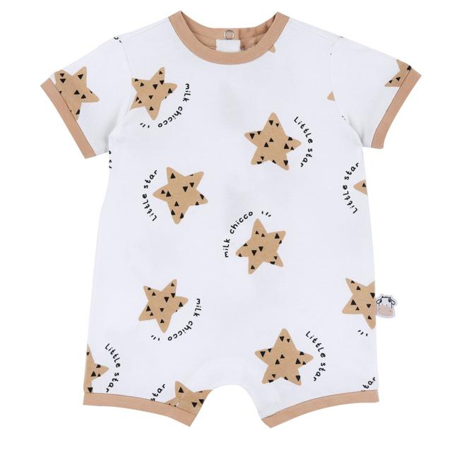 Pagliaccetto corto unisex Chicco in jersey di cotone elasticizzato beige con fantasia a stelle, ideale per neonati e bambini. | Chicco