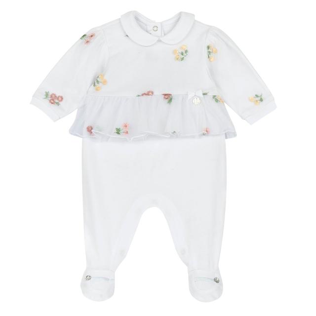 Tutina bianca Chicco per bambina in cotone elasticizzato con tulle ricamato floreale multicolore, medaglietta madreperla e fiocco. | Chicco