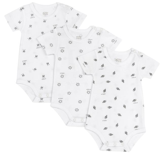Set tre body intimo Chicco a manica corta unisex in puro cotone sostenibile, bianco con stampa fantasia, ideali primavera/estate. | Chicco