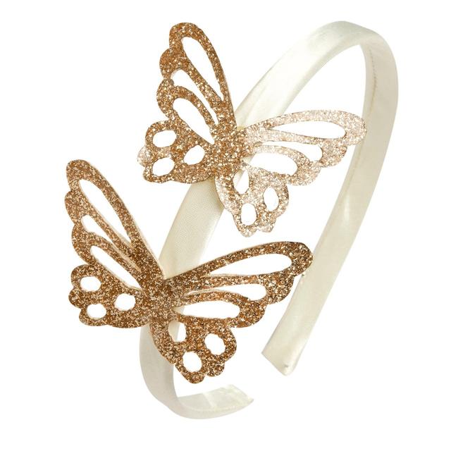 Cerchietto per bambina Chicco con farfalle glitterate oro e argento su base in raso bianco, ideale per primavera/estate. | Chicco