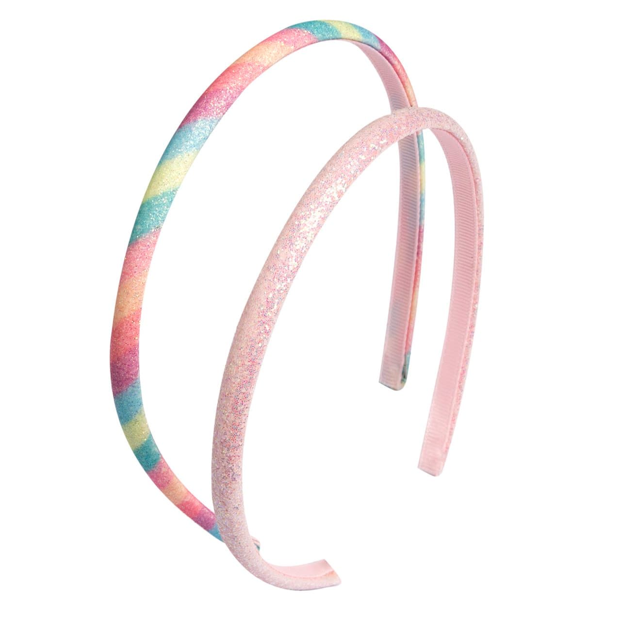 Set di due cerchietti luminosi in tessuto, uno multicolore e uno rosa tinta unita, con base ricoperta in gros-grain, ideali per bambine. | Chicco