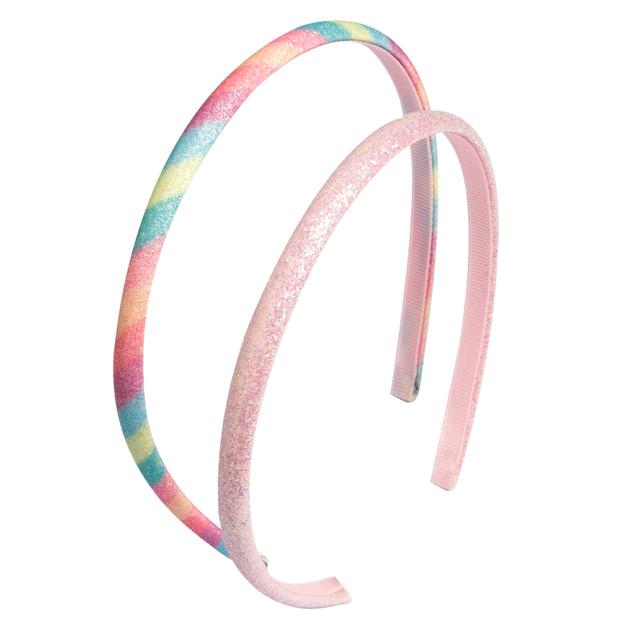 Set di due cerchietti luminosi in tessuto, uno multicolore e uno rosa tinta unita, con base ricoperta in gros-grain, ideali per bambine. | Chicco