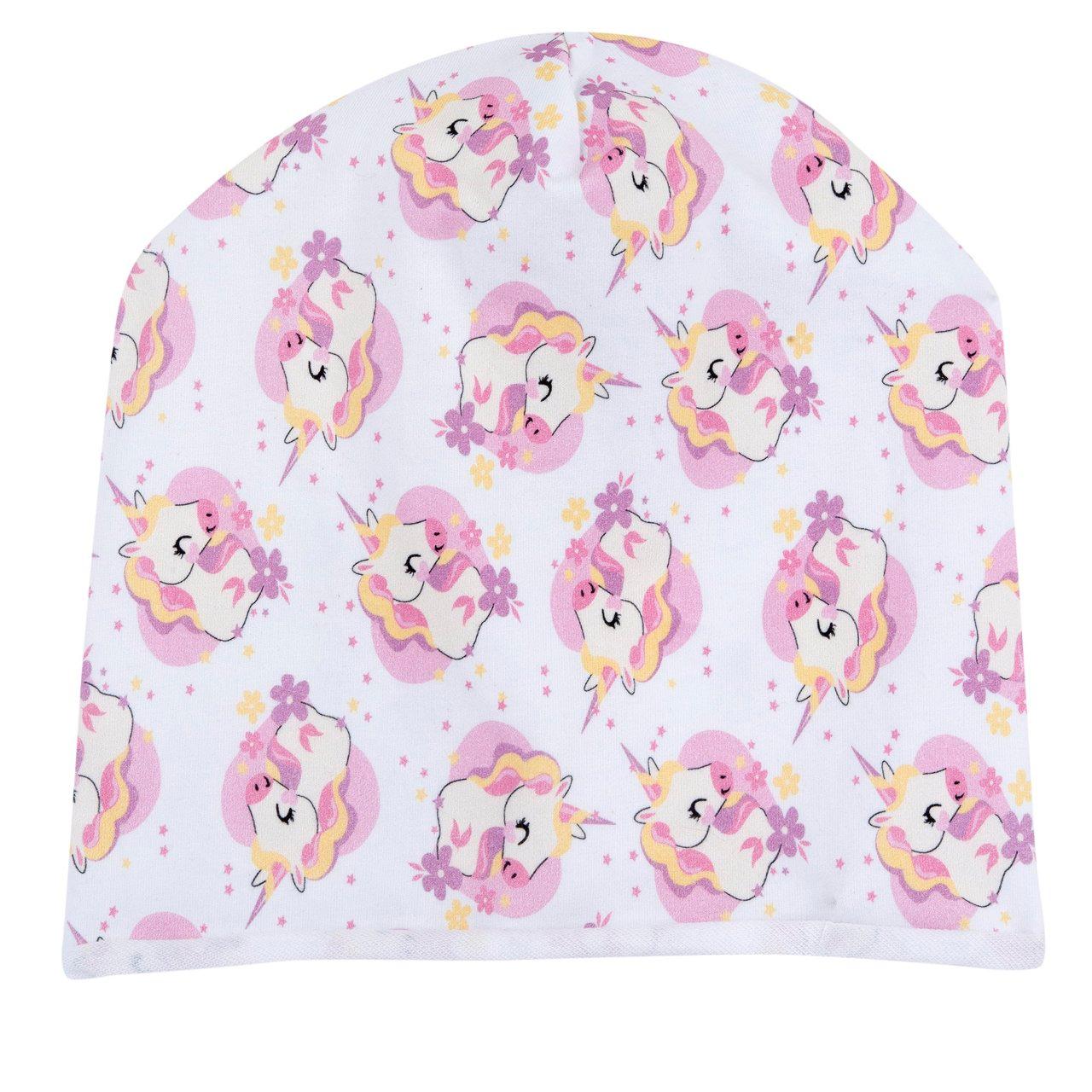 Cappello grigio mélange allungato per bambina con stampa di unicorni, in felpa elasticizzata di cotone ed elastan, ideale per primavera ed estate. | Chicco