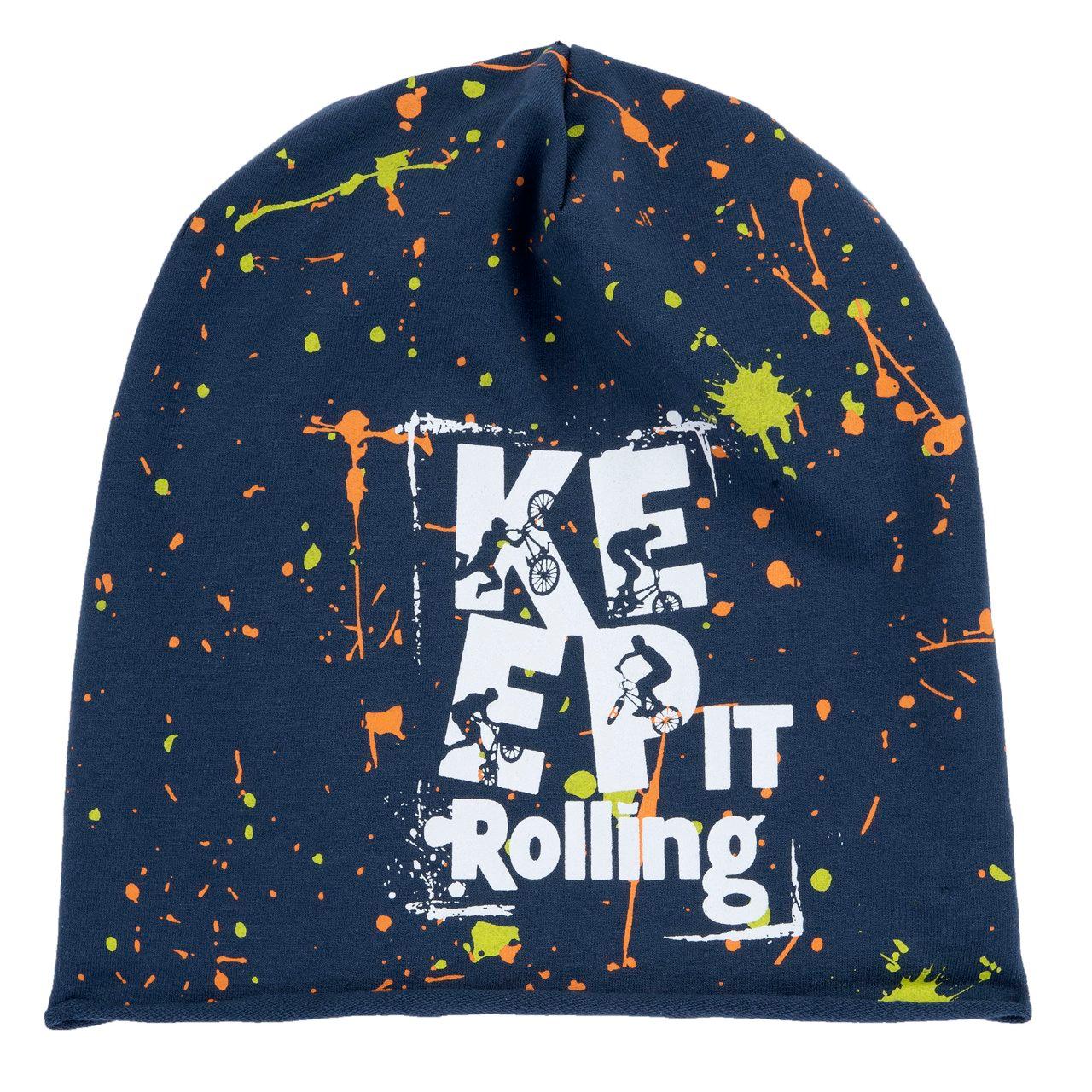 Cappello blu per bambino Chicco dalla forma allungata, in felpa elasticizzata con stampa grafica centrale, ideale per le mezze stagioni. | Chicco