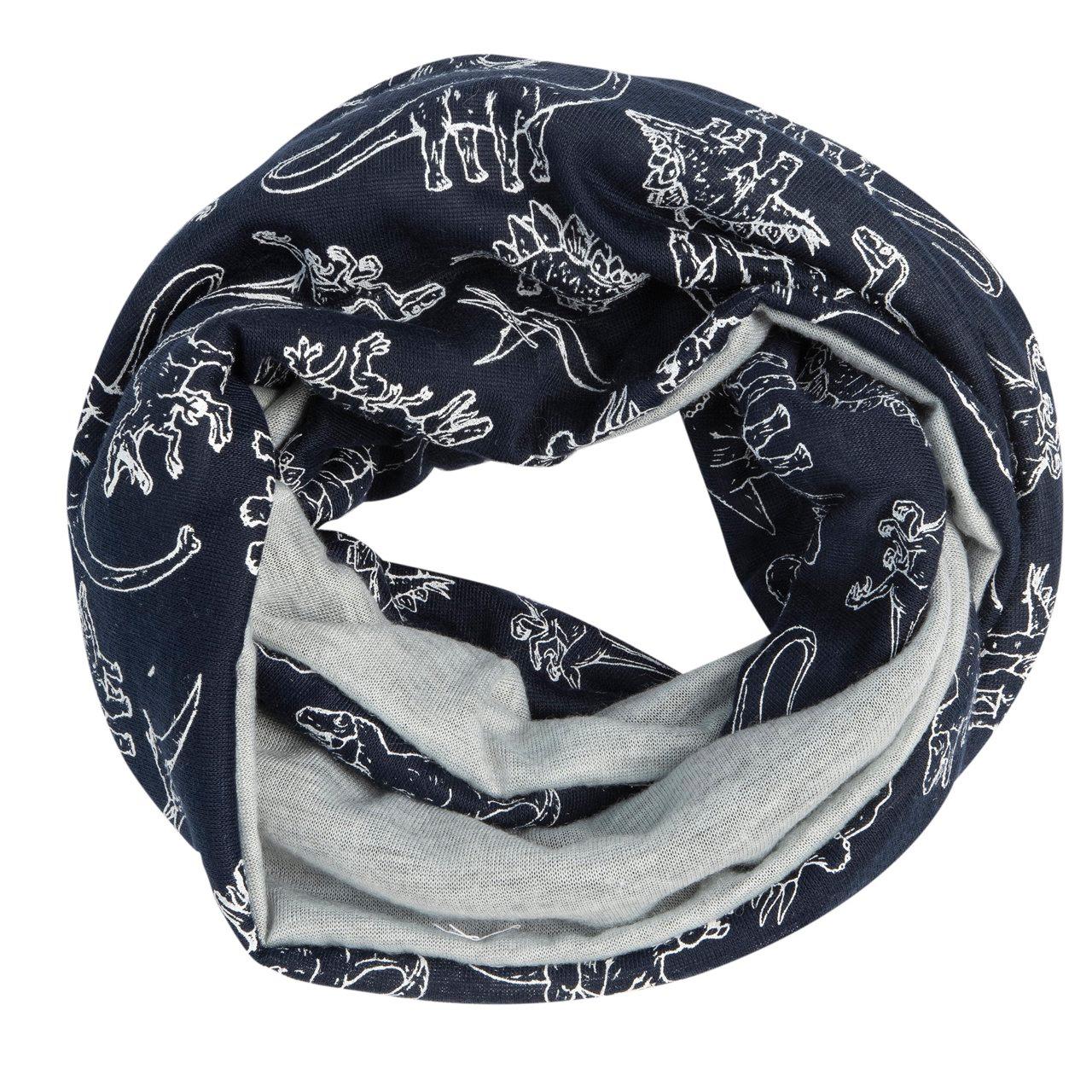 Scaldacollo ad anello reversibile Chicco per bambini con fantasia dinosauri blu e retro grigio mélange, taglia unica. | Chicco