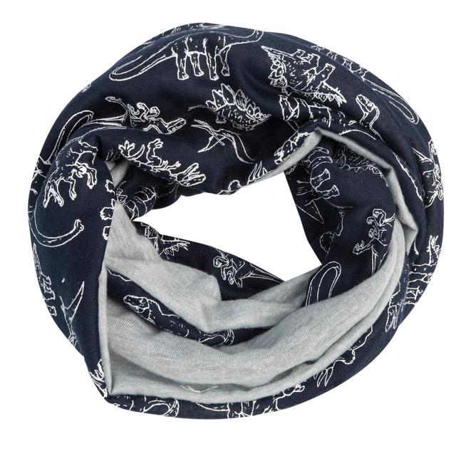 Scaldacollo ad anello reversibile Chicco per bambini con fantasia dinosauri blu e retro grigio mélange, taglia unica. | Chicco