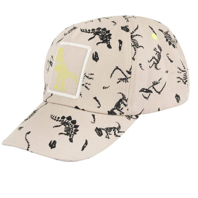 Cappello con visiera per bambino Chicco in twill écru con stampa di dinosauri blu, regolabile sul retro per una vestibilità comoda. | Chicco