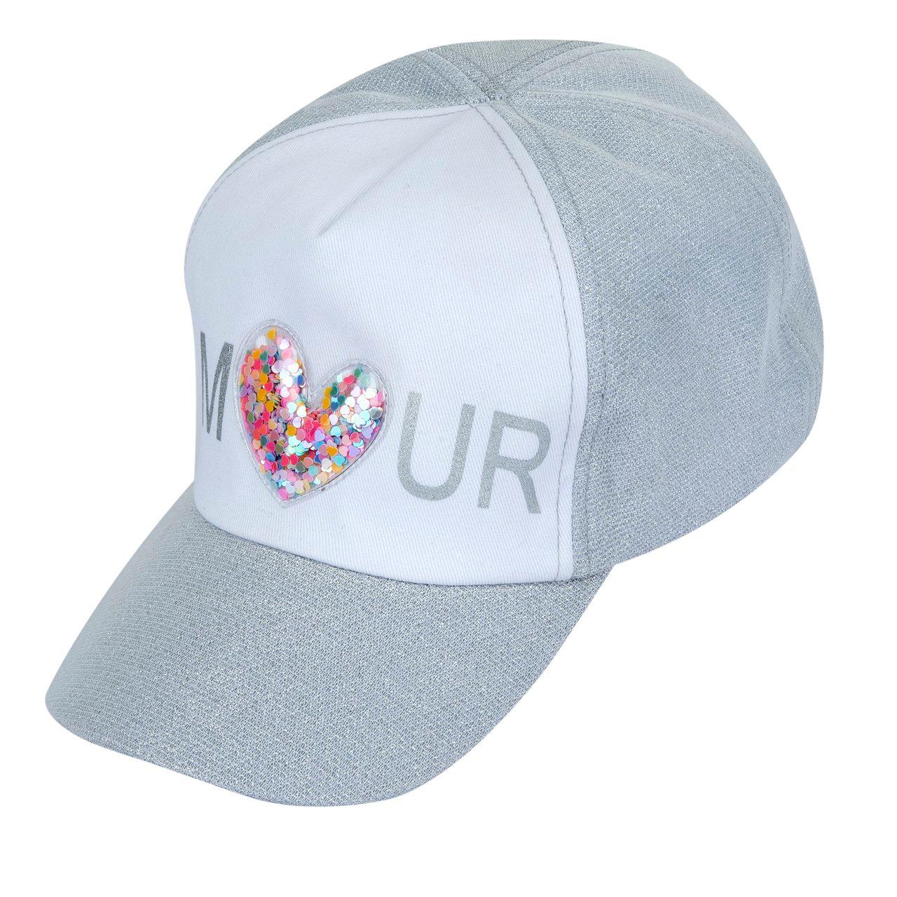 Cappello con visiera Chicco per bambina in twill grigio, con cuore tridimensionale e paillettes colorate, chiusura regolabile sul retro. | Chicco