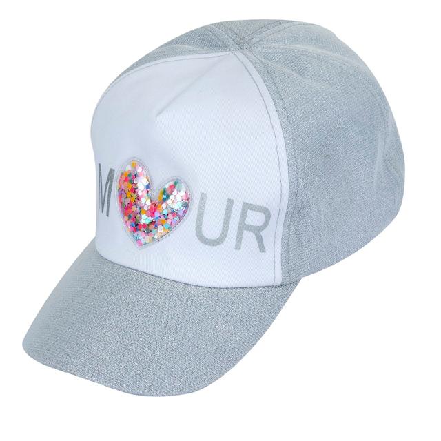 Cappello con visiera Chicco per bambina in twill grigio, con cuore tridimensionale e paillettes colorate, chiusura regolabile sul retro. | Chicco