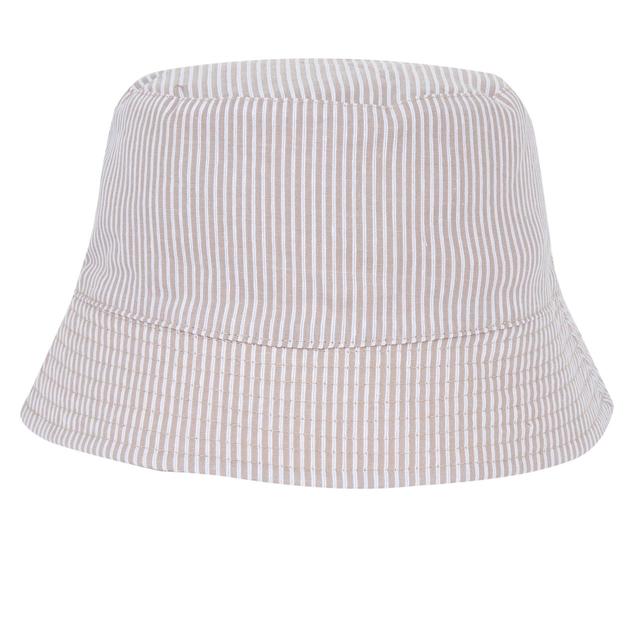 Cappello reversibile Chicco in chambray leggero per bambino, con un lato a righe grigie e l'altro écru tinta unita, ideale per primavera/estate. | Chicco