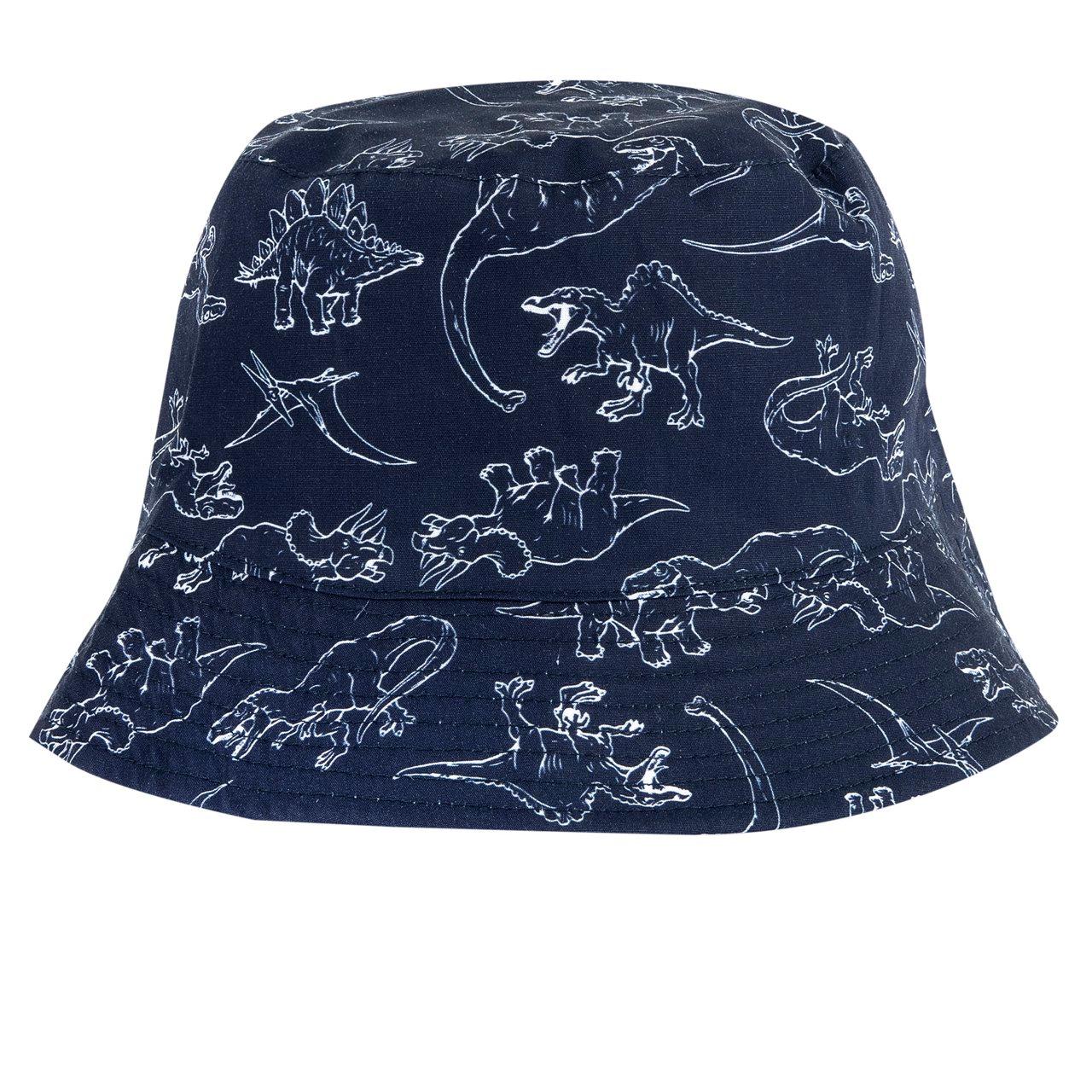 Cappello reversibile Chicco in popeline azzurro da un lato e blu con stampa di dinosauri dall'altro, ideale per primavera/estate. | Chicco