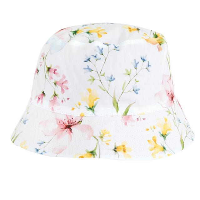 Cappello reversibile Chicco per bambina in popeline, con lato rosa tinta unita e lato con motivo floreale su sfondo bianco, ideale per primavera/estate. | Chicco