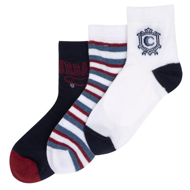 Set tre paia calzini bambino Chicco misto cotone mercerizzato, bianco, blu e rigato, con disegni jacquard, per primavera/estate. | Chicco