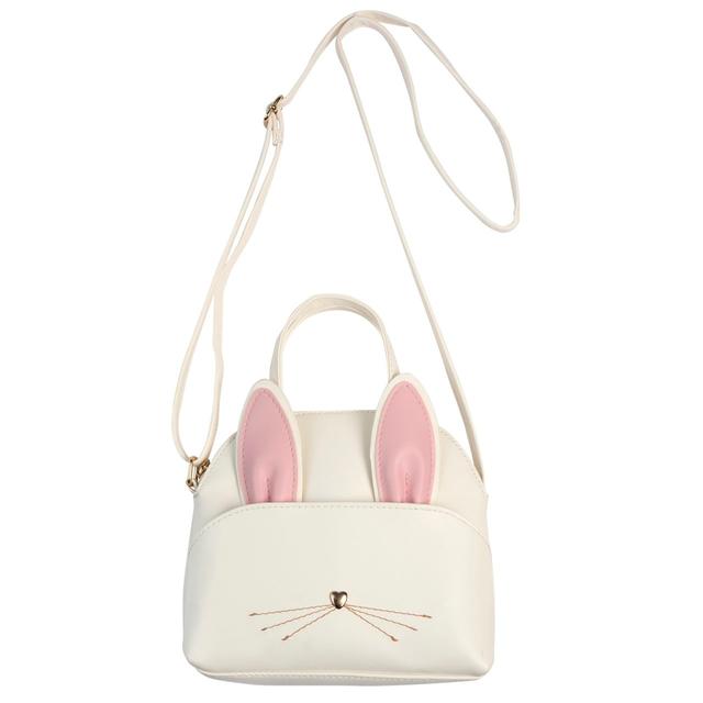 Borsa a forma di gattina Chicco bianca con dettagli dorati e orecchie rosa, dotata di tracolla regolabile, ideale per bambine primavera/estate. | Chicco