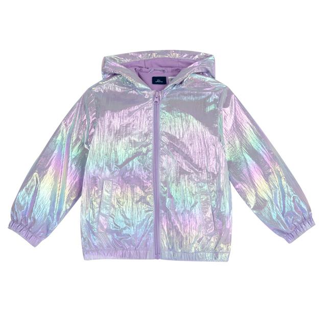 Giubbino antivento Chicco per bambina con effetto iridescente, ideale per primavera ed estate, in tessuto riciclato blu con cappuccio e stampa lucida. | Chicco