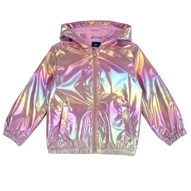 Giubbino antivento Chicco per bambina con effetto iridescente, ideale per primavera ed estate, in tessuto riciclato blu con cappuccio e stampa lucida. | Chicco