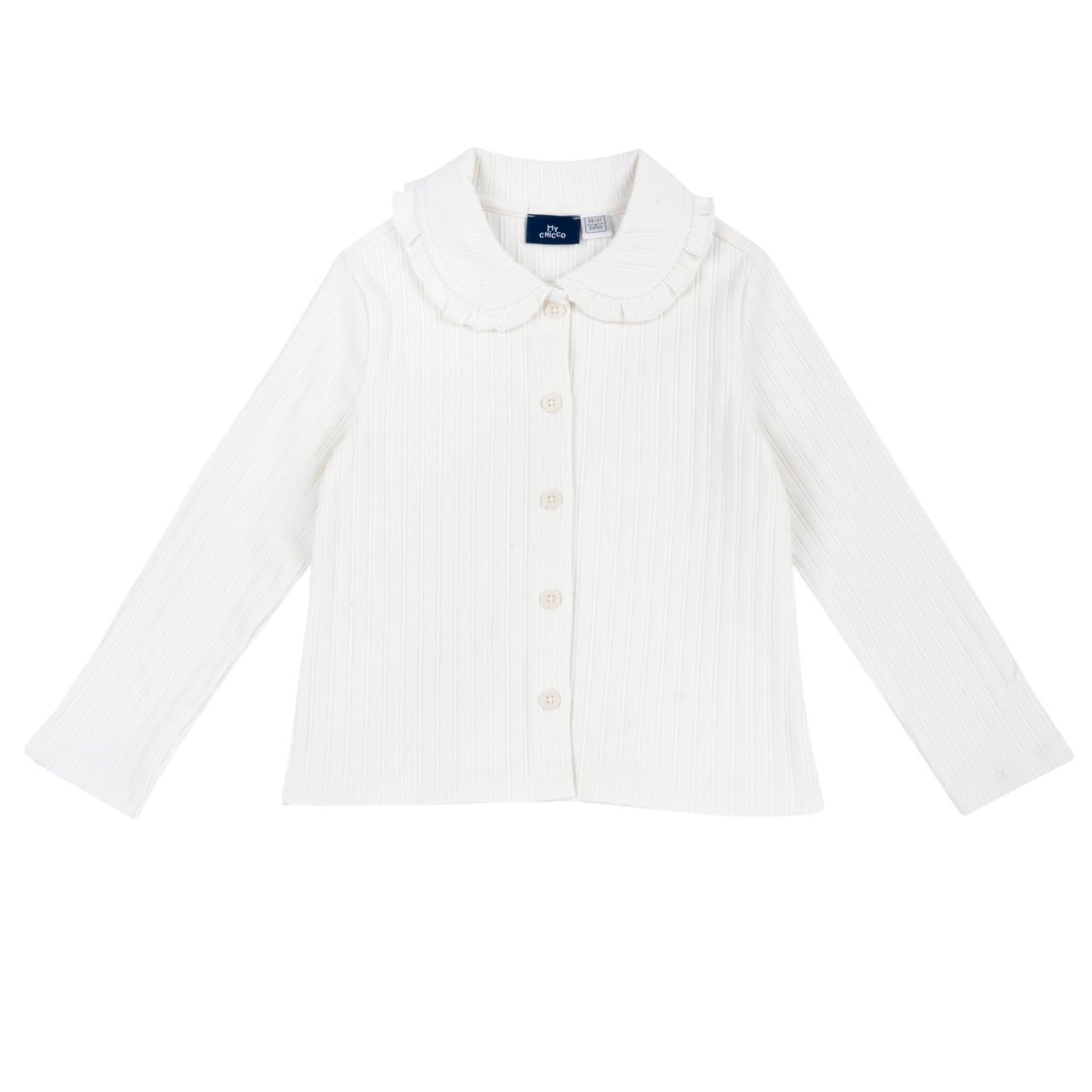 Camicia a manica lunga Chicco bianca per bambina in costina operata di cotone elasticizzato, con girocollo e bottoni frontali. | Chicco